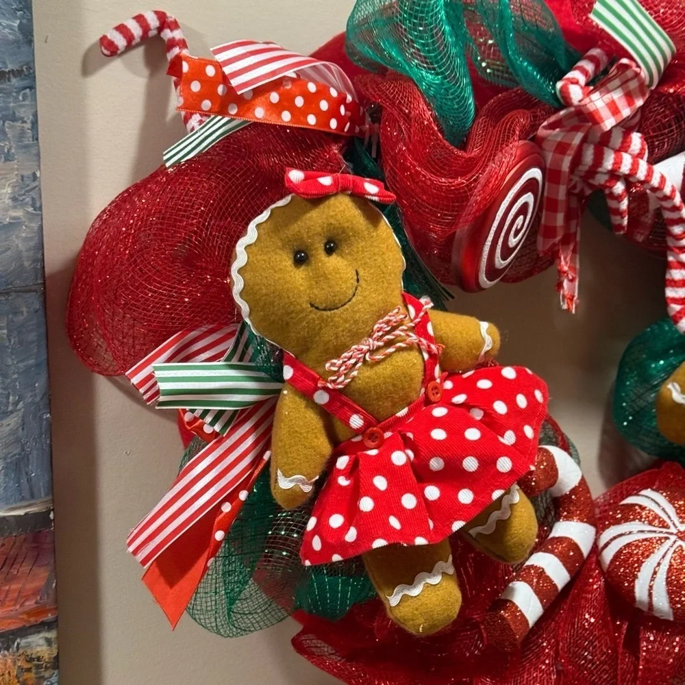 23” Festive Gingerbread Holiday Wreath - Candy Canes Red and Green Handmade